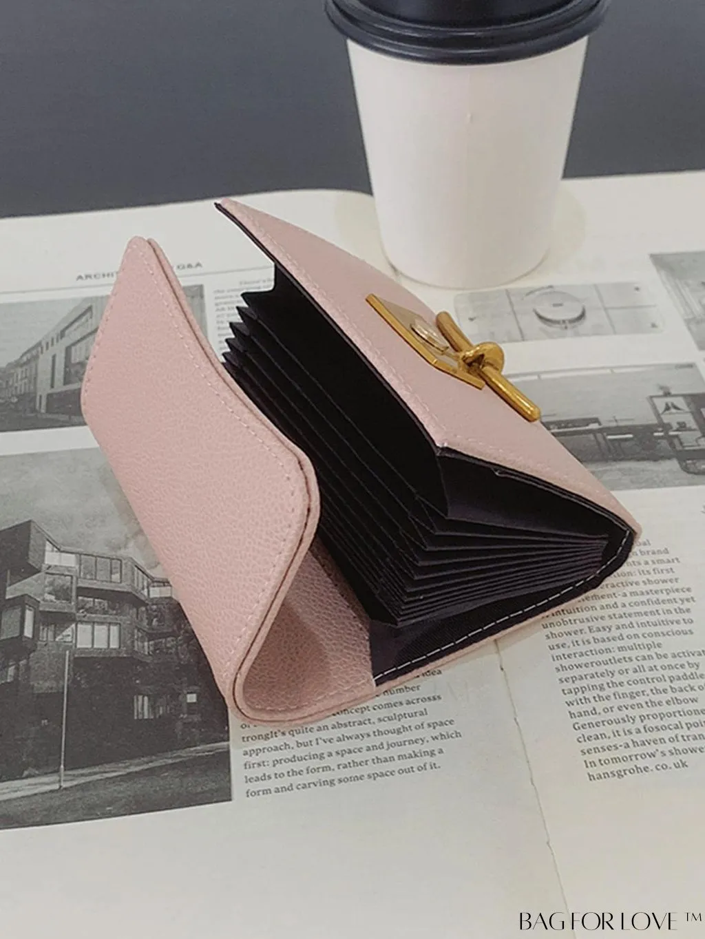 BagForLove - Litchi Embossed Gray Classic Card Holder with Metal Decor and Magnetic Closure