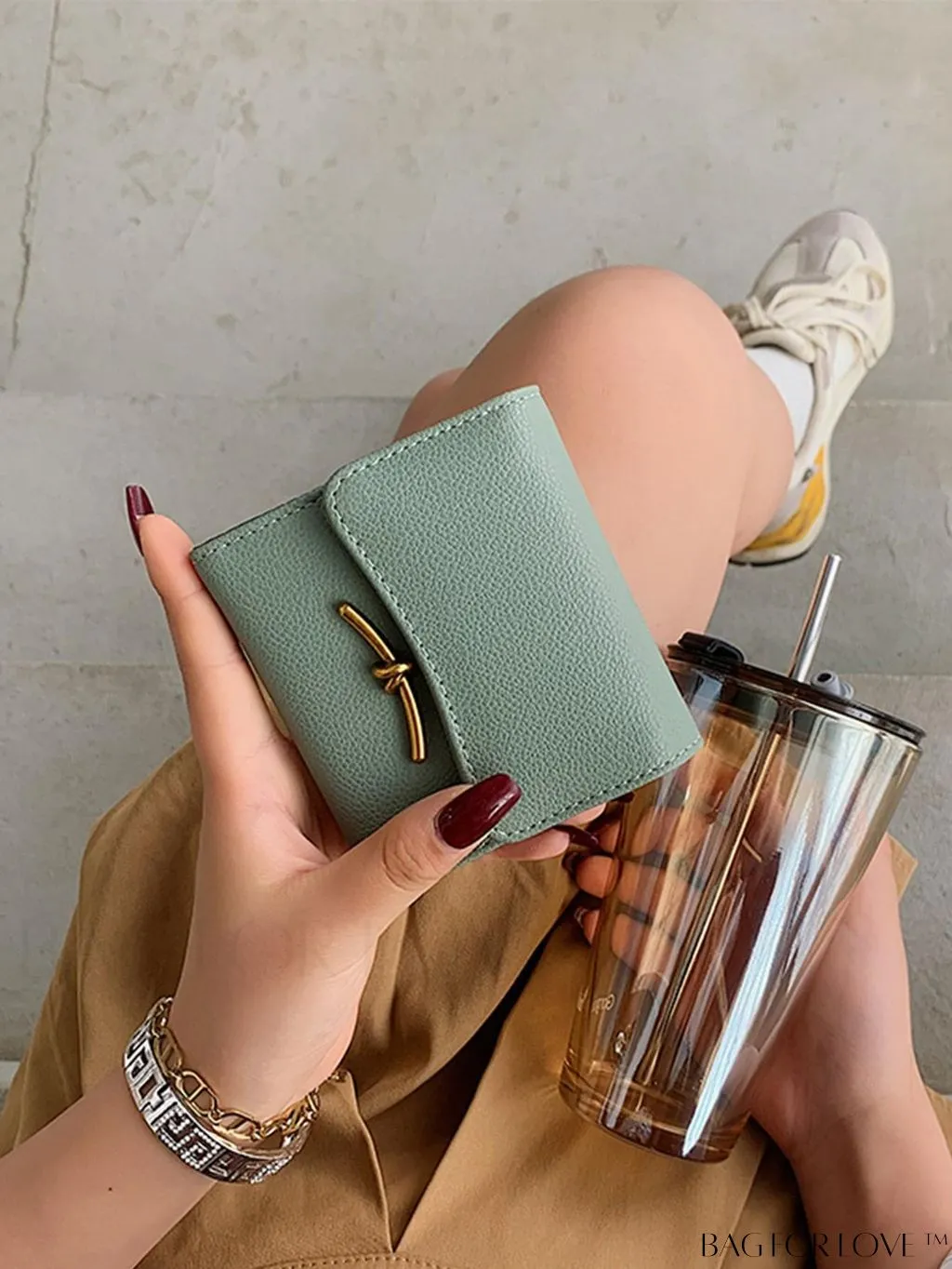 BagForLove - Litchi Embossed Gray Classic Card Holder with Metal Decor and Magnetic Closure