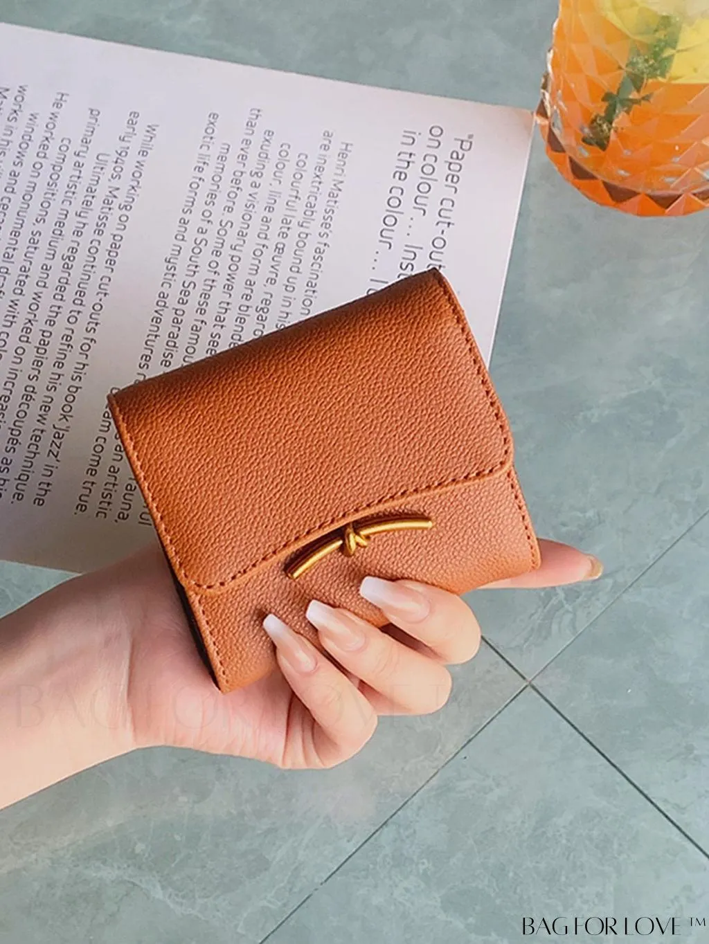 BagForLove - Litchi Embossed Gray Classic Card Holder with Metal Decor and Magnetic Closure