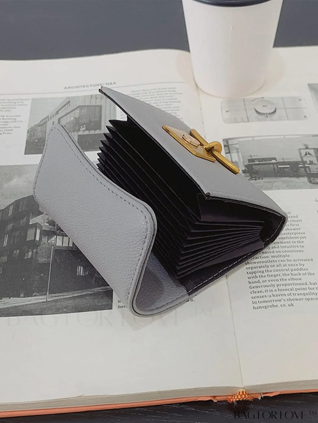 BagForLove - Litchi Embossed Gray Classic Card Holder with Metal Decor and Magnetic Closure