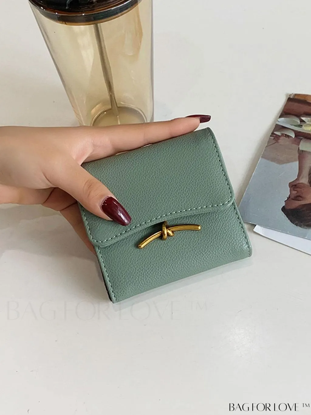 BagForLove - Litchi Embossed Gray Classic Card Holder with Metal Decor and Magnetic Closure