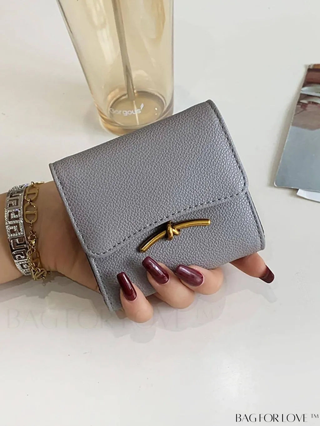 BagForLove - Litchi Embossed Gray Classic Card Holder with Metal Decor and Magnetic Closure