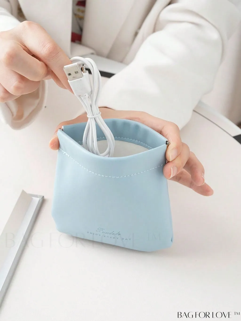 BagForLove - Mint Blue Letter Embossed Makeup Storage Bag - College Dorm Essential and Stuff Bag