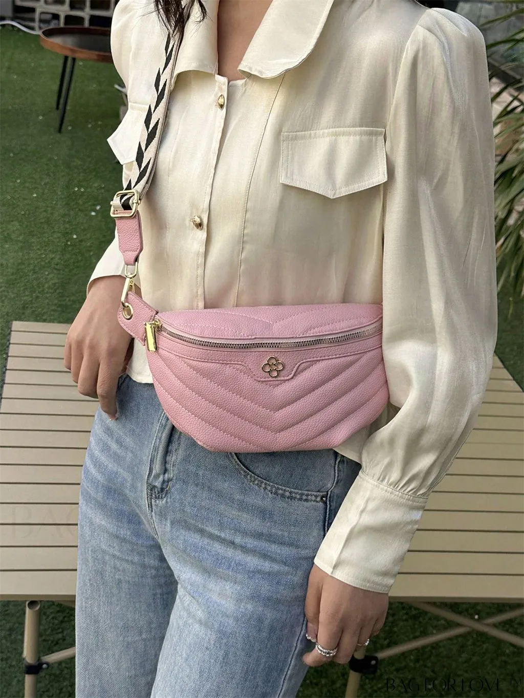BagForLove - Stylish Litchi Embossed Fanny Pack with Metal Decor, Adjustable Strap & PU Zipper