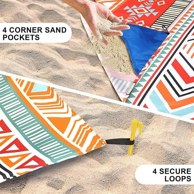 Beach Blanket, Sandproof Beach Mat, Waterproof Quick Drying Lightweight Outdoor Aztec Picnic Mat 79" X 83" for 2-4 Adults with Pocket for Travel, Camping, Hiking