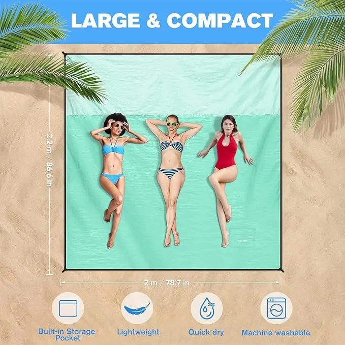 Beach Blanket Waterproof Sandproof Large Beach Mat 79" X 87", Quick Drying Durable Portable Lightweight Outdoor Nylon Picnic Blanket for Travel Camping Hiking, Green