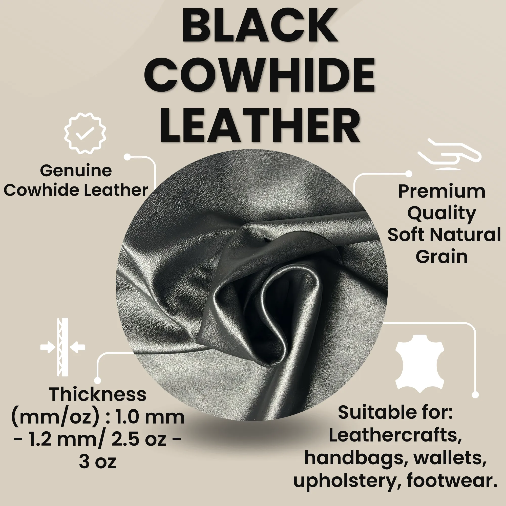 BLACK COWHIDE LEATHER -  Soft Natural Grain Black Leather 2.5-3 oz. - 40 sqft - Genuine Black Hide