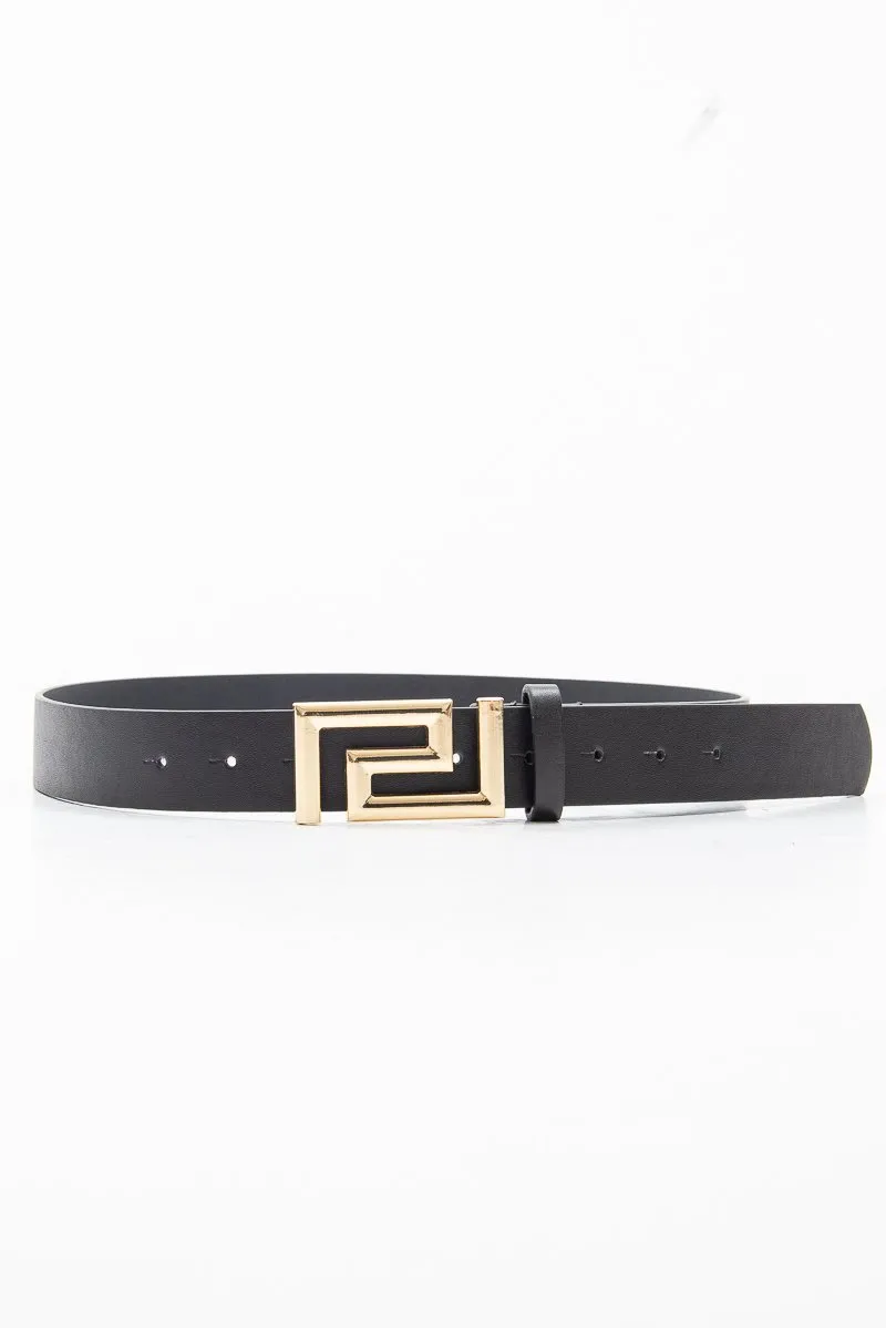 Black Faux Leather Aztec Buckle Belt - Lorina