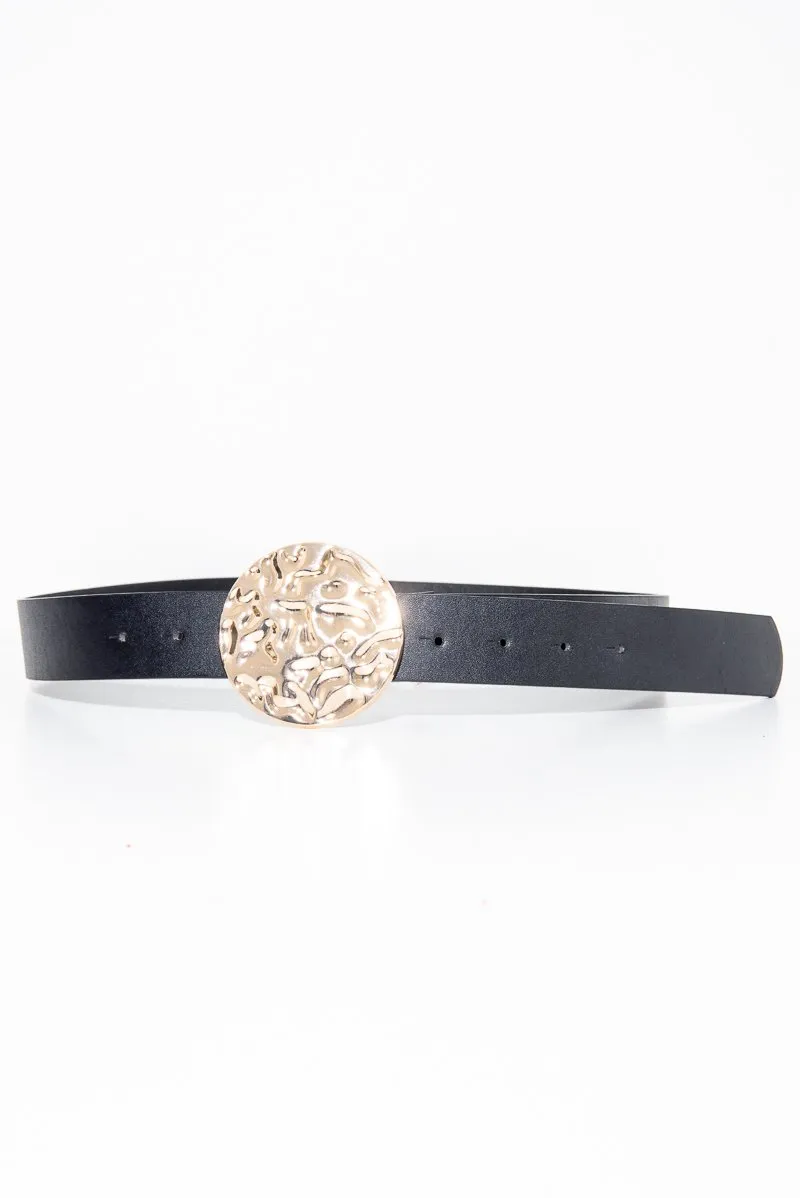Black Faux Leather Gold Hammered Disc Belt - Melyssa