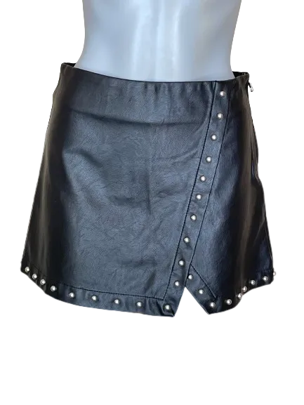 Black Faux Leather Rivets Mini Skirt