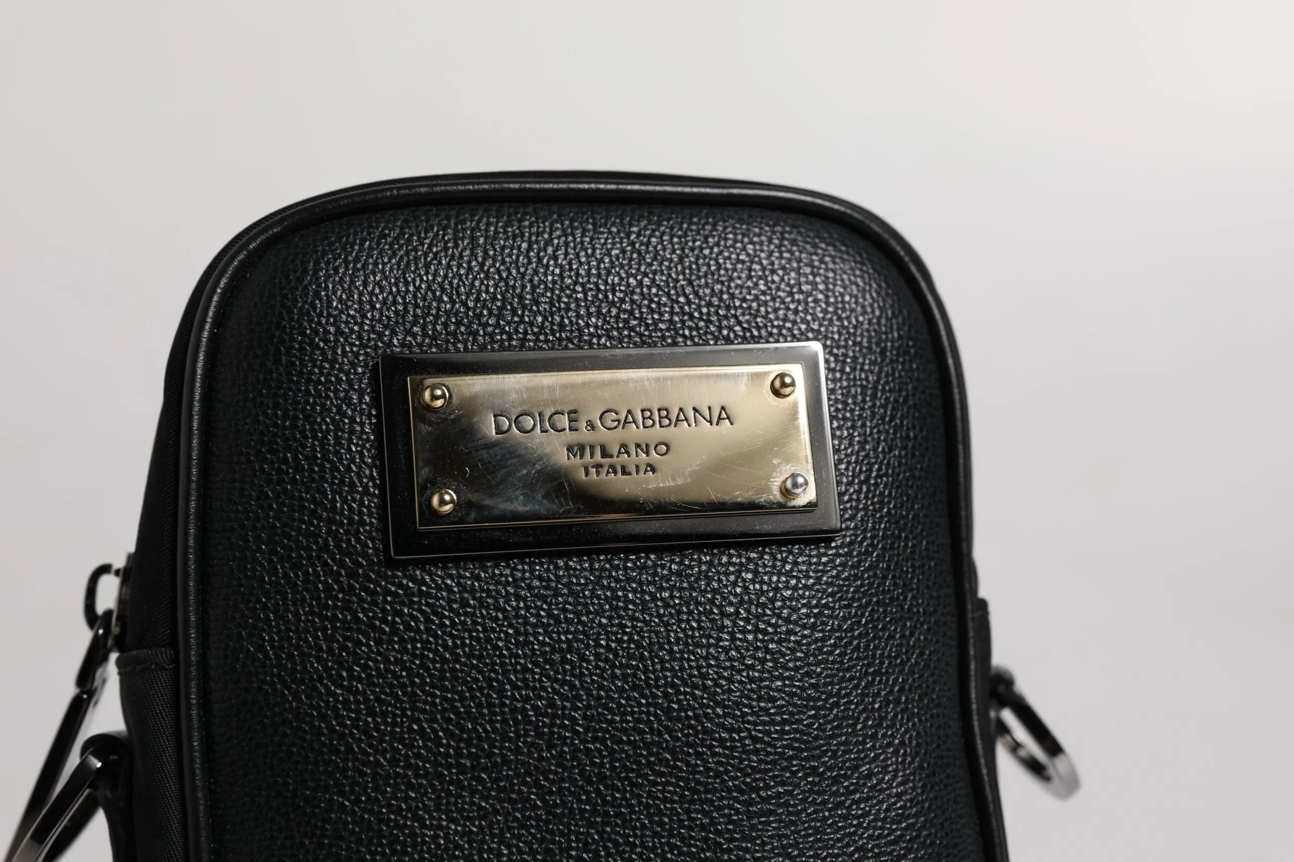 Black Nylon Leather Logo Plaque Crossbody Sling Bag