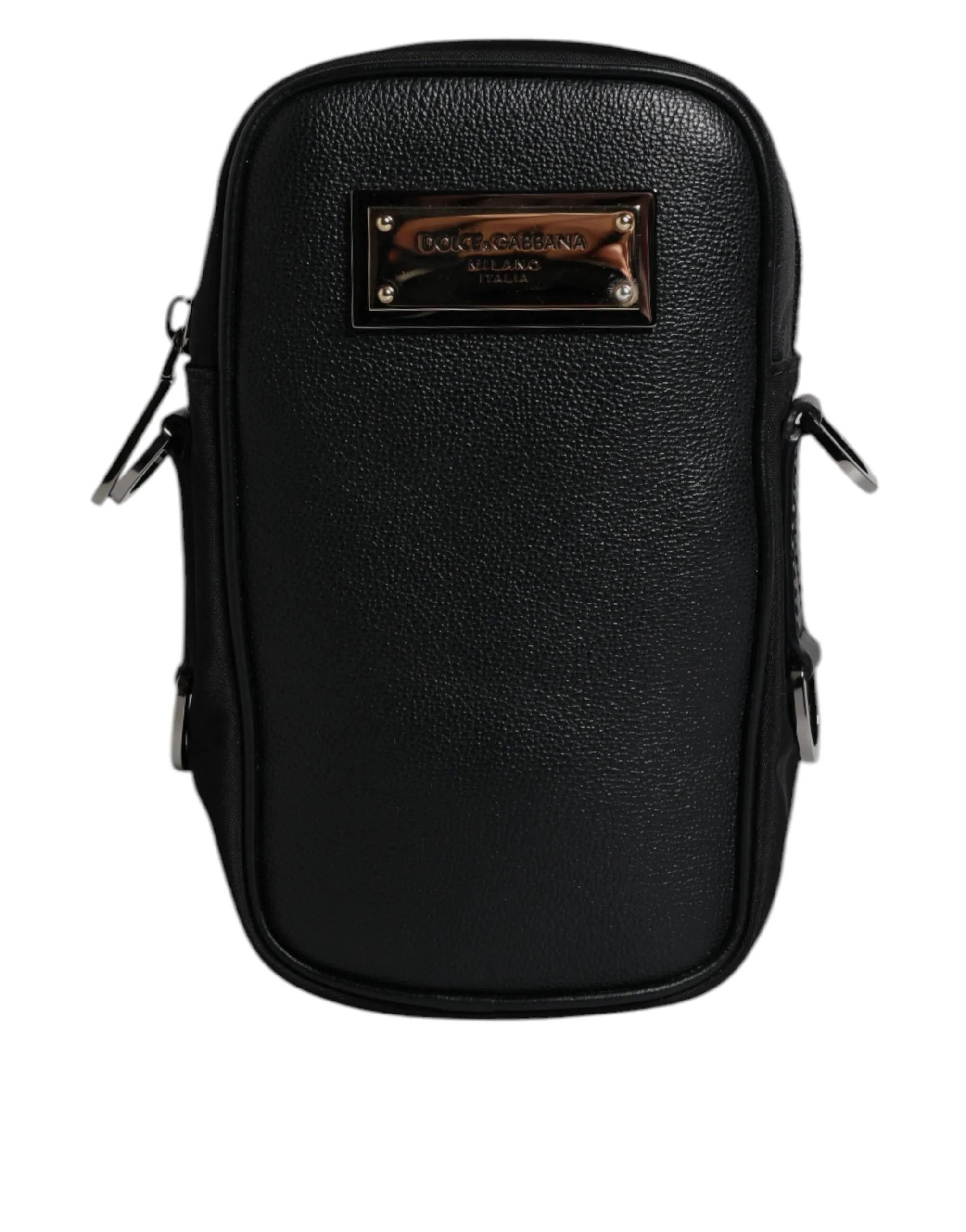 Black Nylon Leather Logo Plaque Crossbody Sling Bag