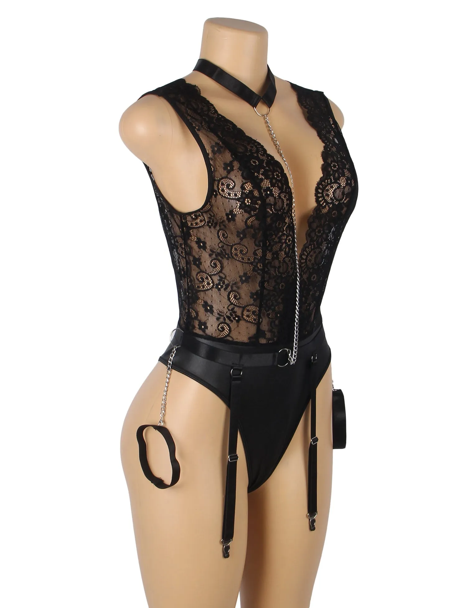 Black Sleeveless Lace Deep V-neck Faux Leather Egypt Bodysuit