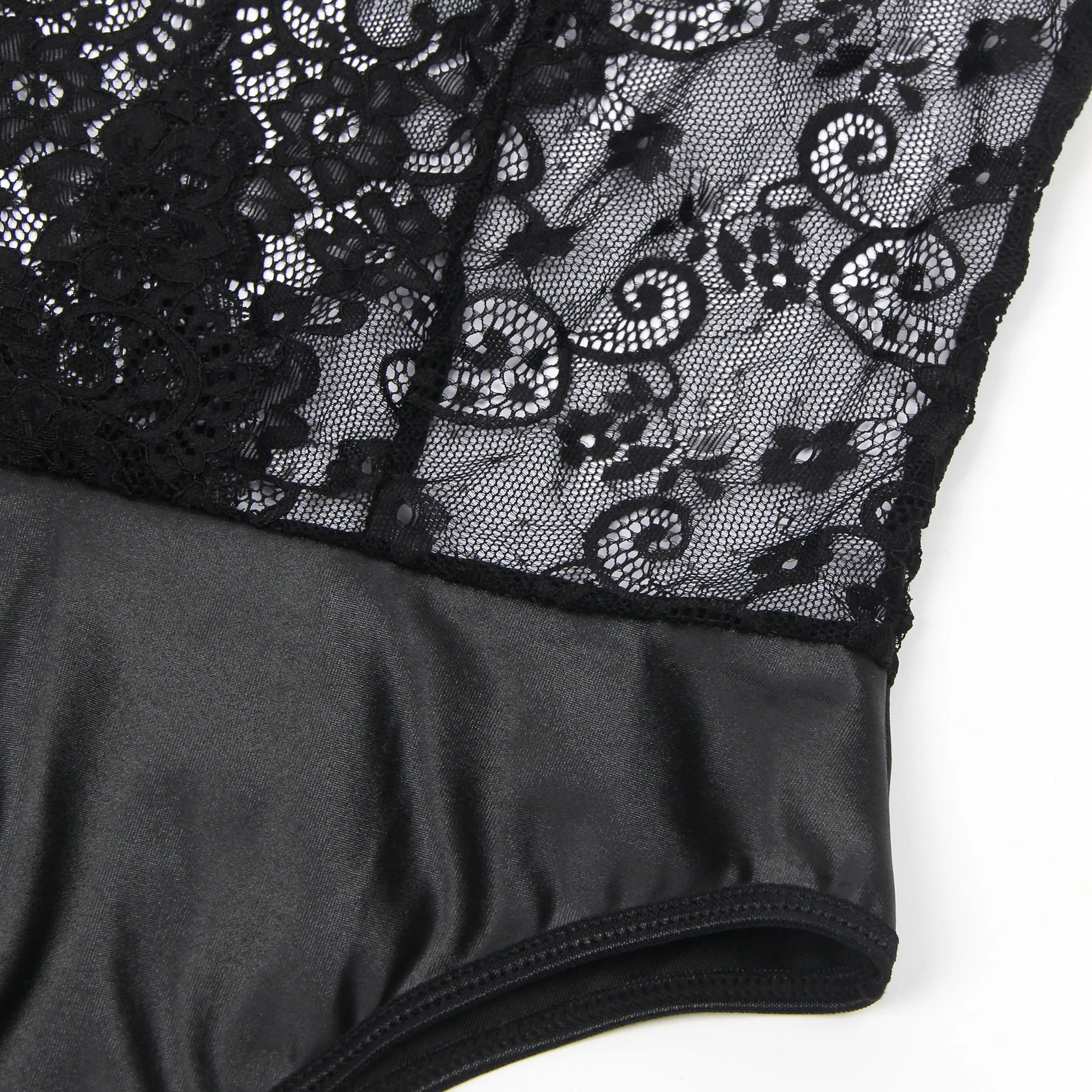 Black Sleeveless Lace Deep V-neck Faux Leather Egypt Bodysuit
