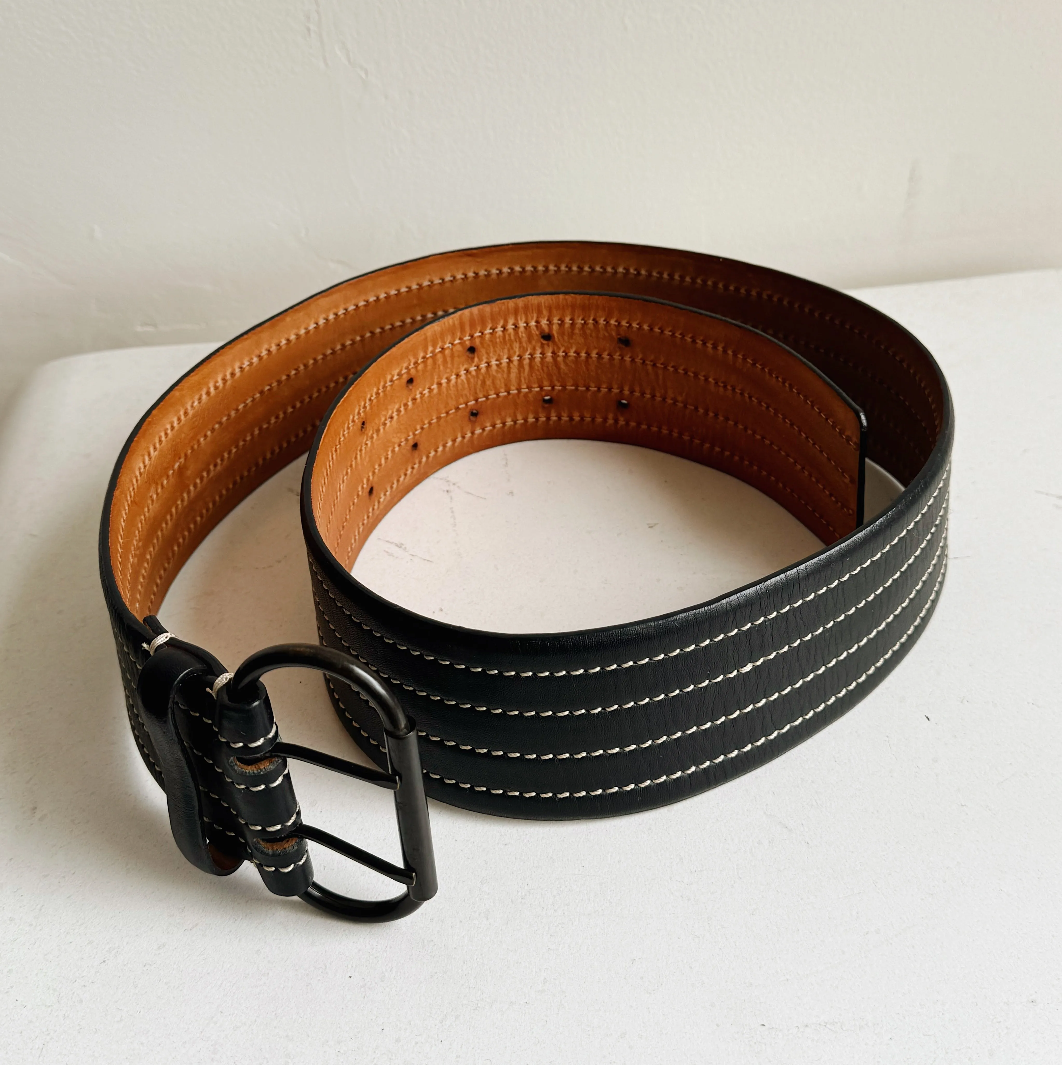 Black Whipstitch Leather Belt