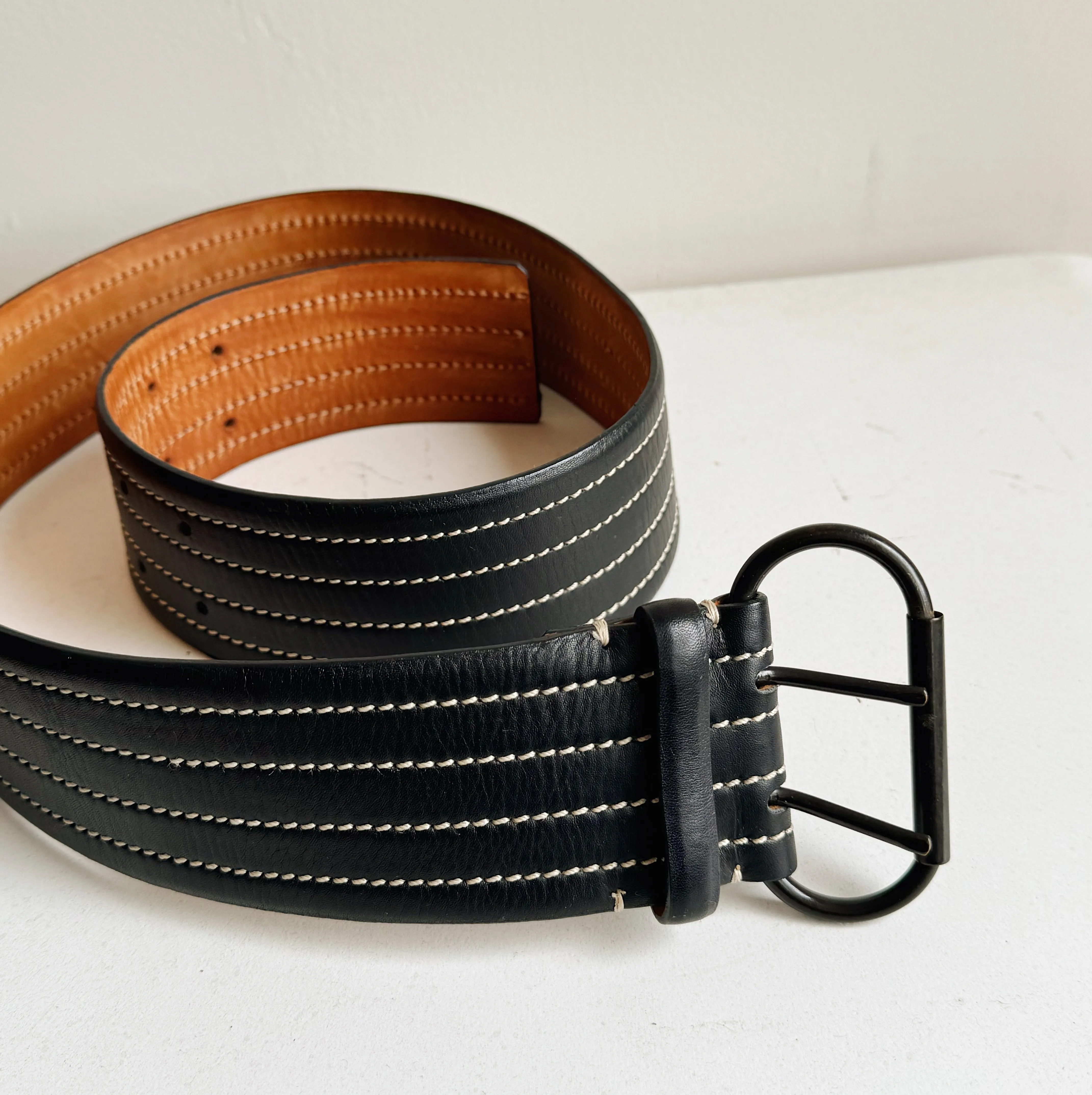 Black Whipstitch Leather Belt