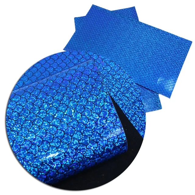 Blue Hologram Embossed Mermaid Fish Scales ~ Vegan Faux Leather