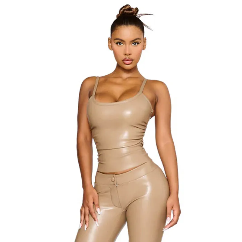 Bold and Sleek Strapless Solid PU-Leather Statement Top