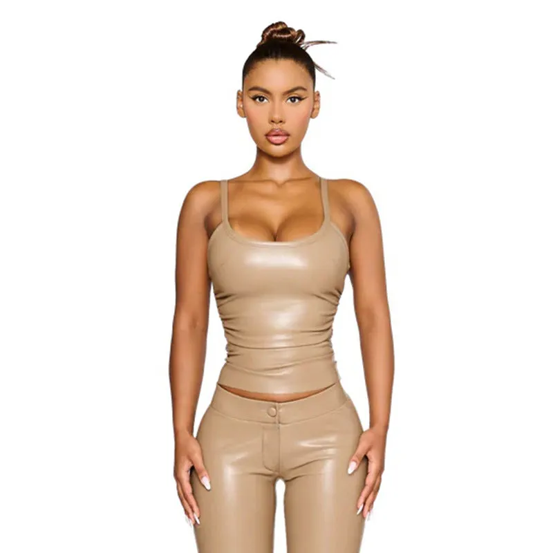 Bold and Sleek Strapless Solid PU-Leather Statement Top