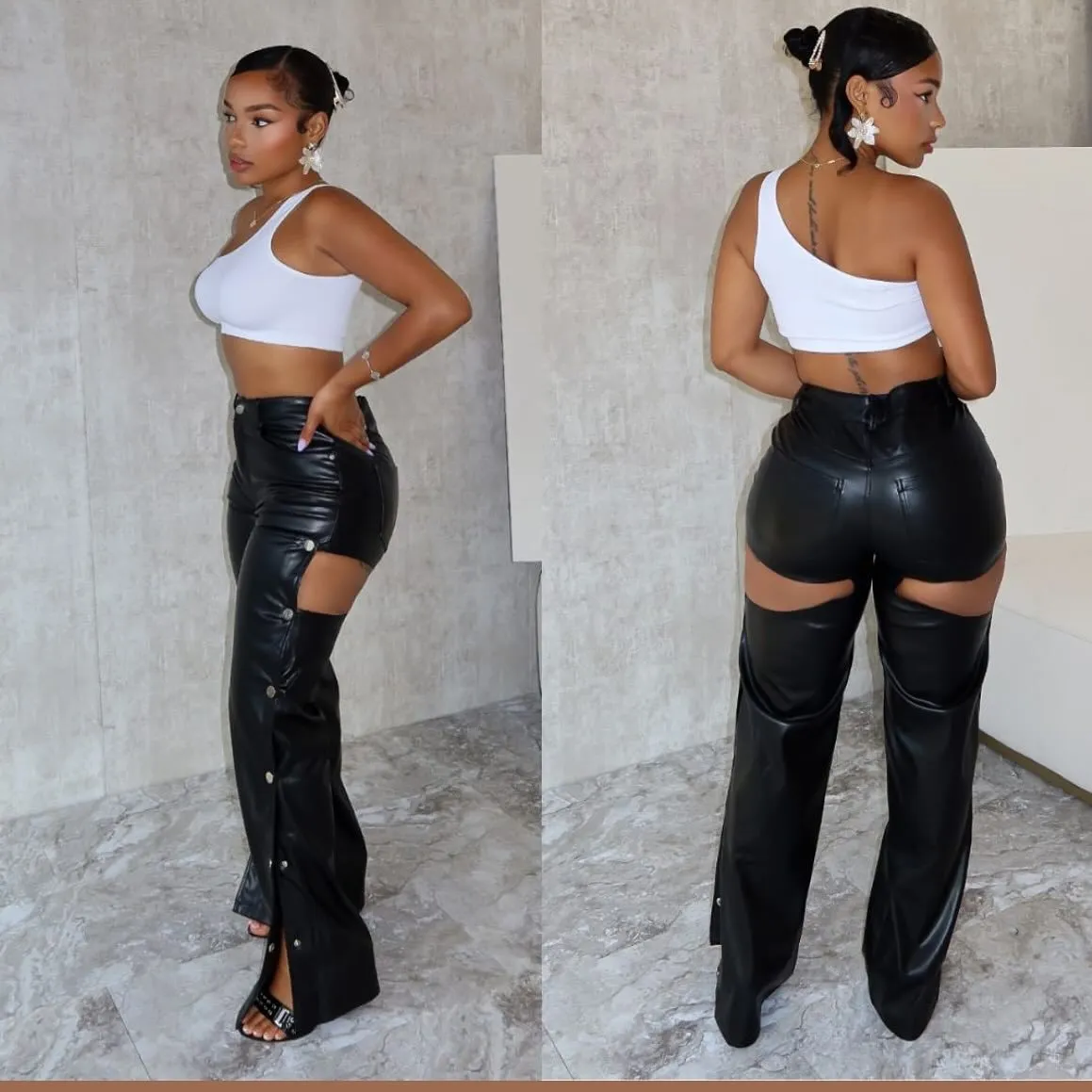 Bold Button-Detail High-Waisted PU Leather Straight Pants