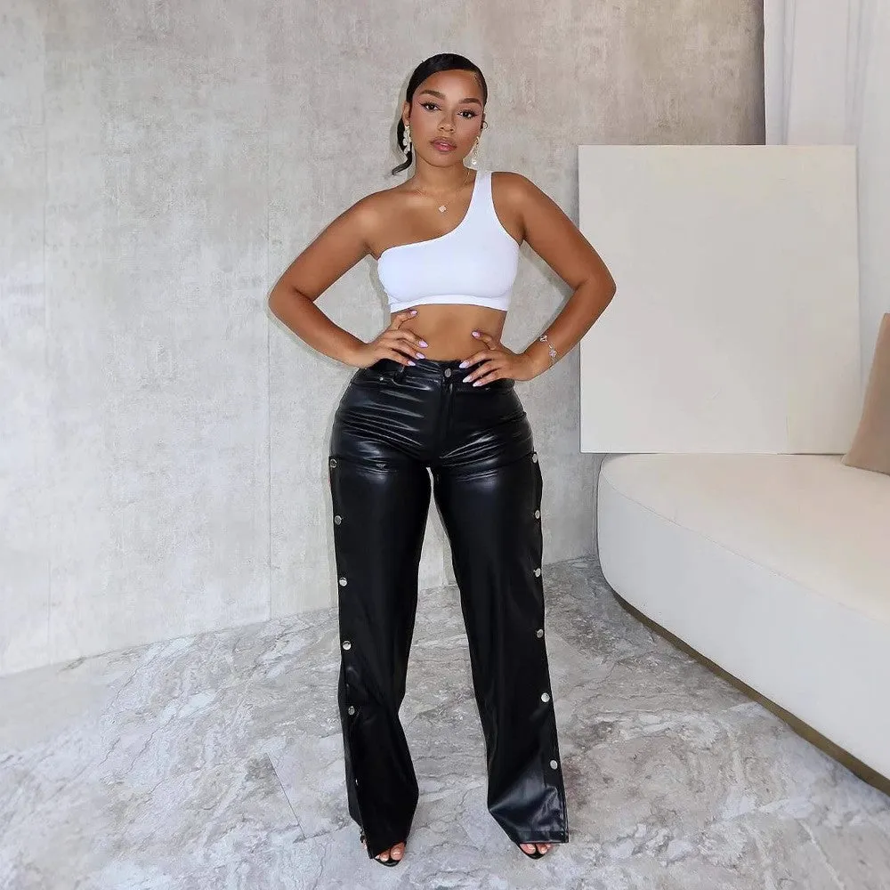 Bold Button-Detail High-Waisted PU Leather Straight Pants