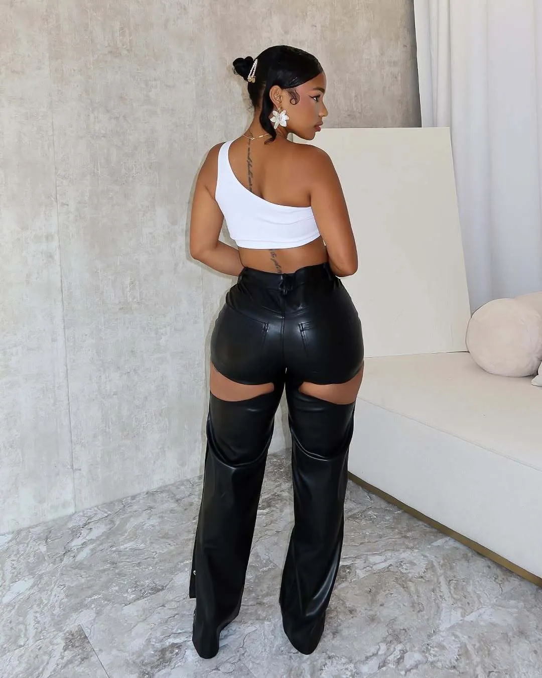 Bold Button-Detail High-Waisted PU Leather Straight Pants
