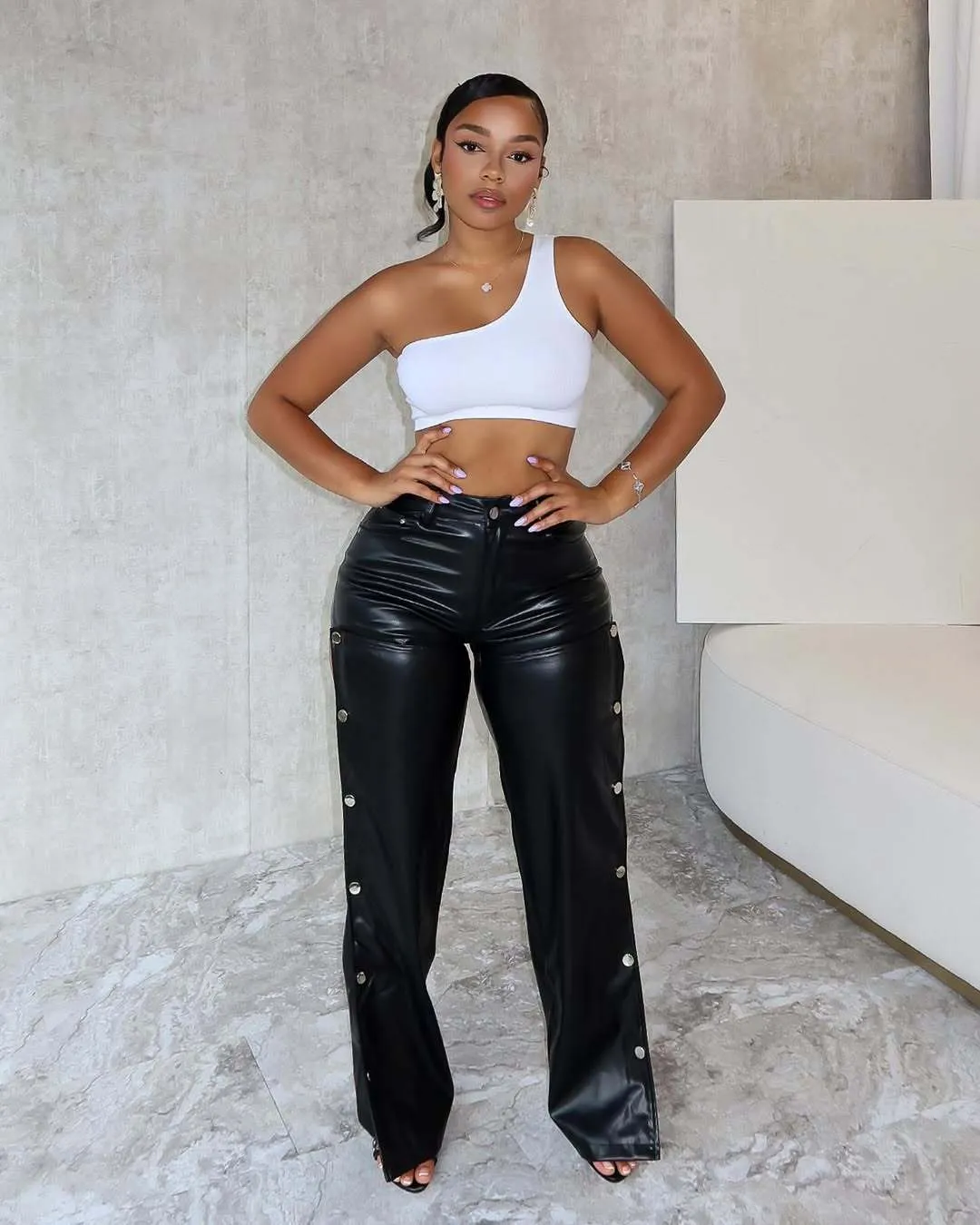Bold Button-Detail High-Waisted PU Leather Straight Pants