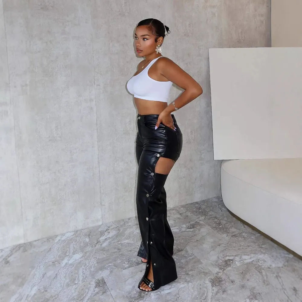 Bold Button-Detail High-Waisted PU Leather Straight Pants