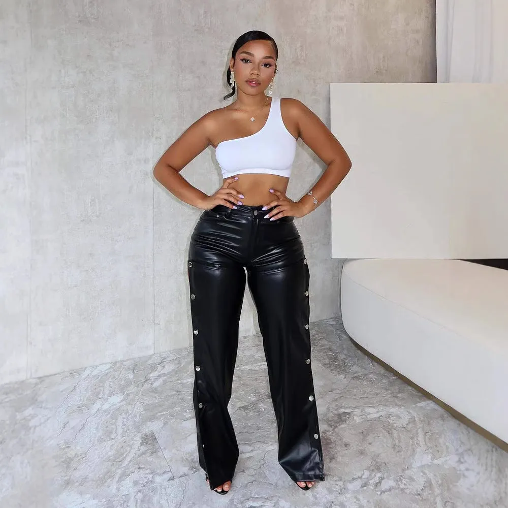 Bold Button-Detail High-Waisted PU Leather Straight Pants