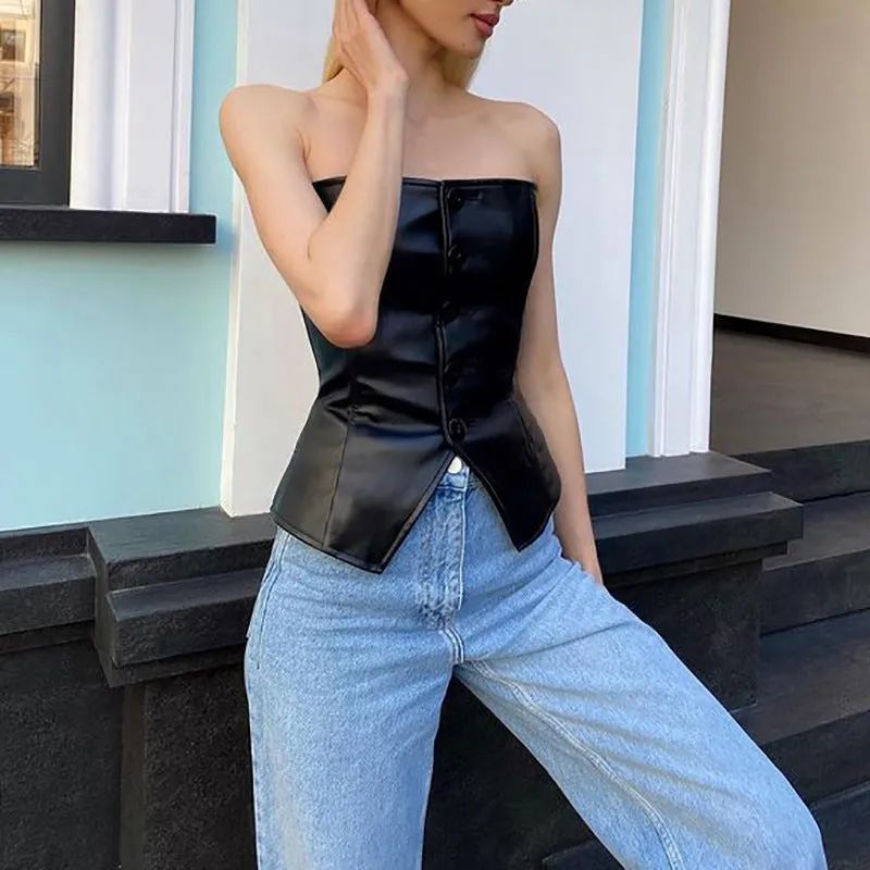 Bold Strapless PU Leather Corset-Inspired Button-Up Top