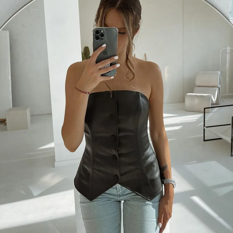 Bold Strapless PU Leather Corset-Inspired Button-Up Top