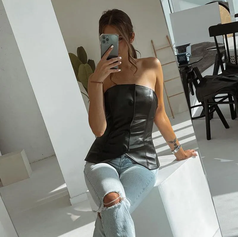 Bold Strapless PU Leather Corset-Inspired Button-Up Top