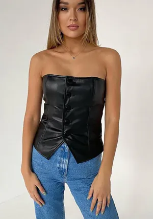 Bold Strapless PU Leather Corset-Inspired Button-Up Top