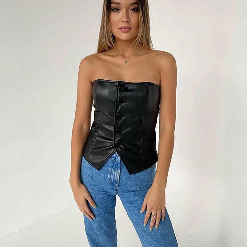 Bold Strapless PU Leather Corset-Inspired Button-Up Top