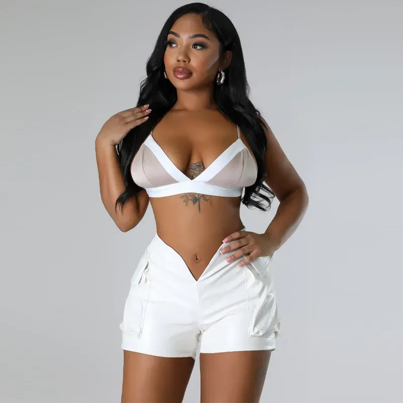 BoldCurve High Waist Faux Leather V-Cut Pocket Shorts