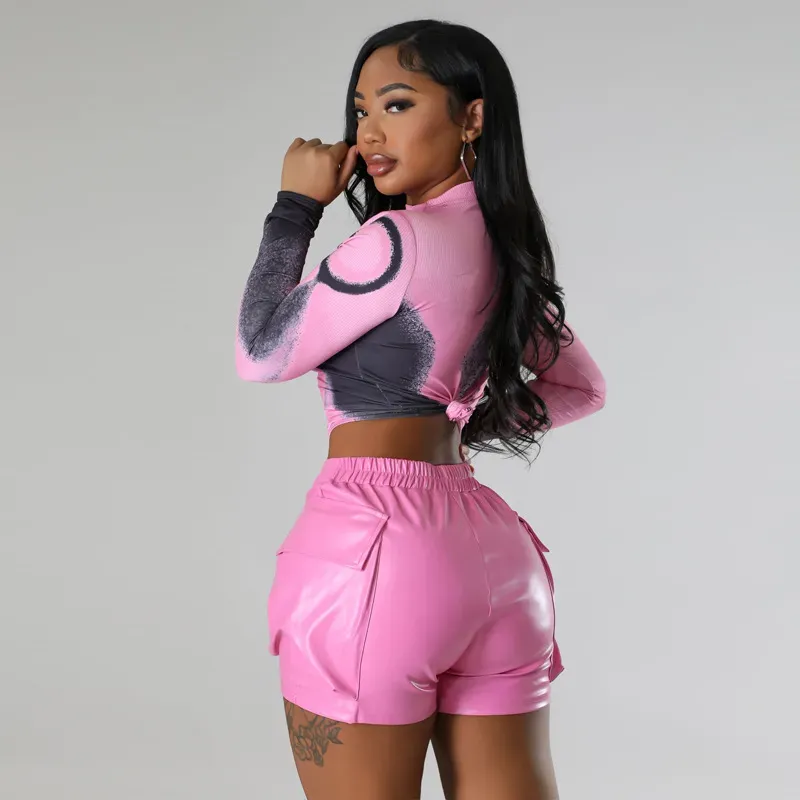 BoldCurve High Waist Faux Leather V-Cut Pocket Shorts