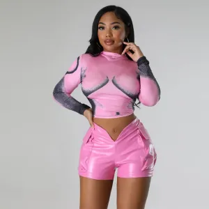BoldCurve High Waist Faux Leather V-Cut Pocket Shorts