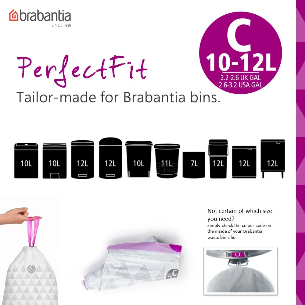 Brabantia PerfectFit Roll Pack Bin Liner Bags, C, 10/12 L x 20 Bags, Roll Pack