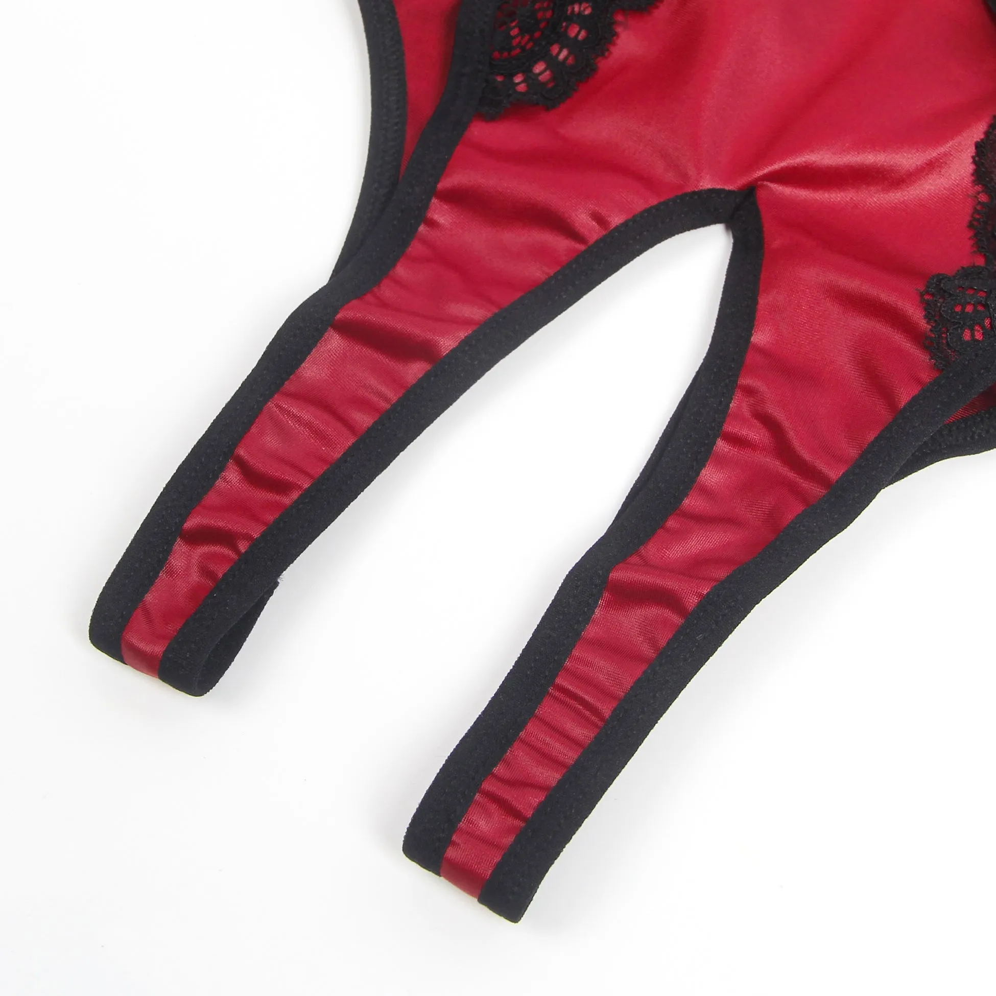 Burgundy Faux Leather Deep V Neck Halter Sexy Egypt Teddy