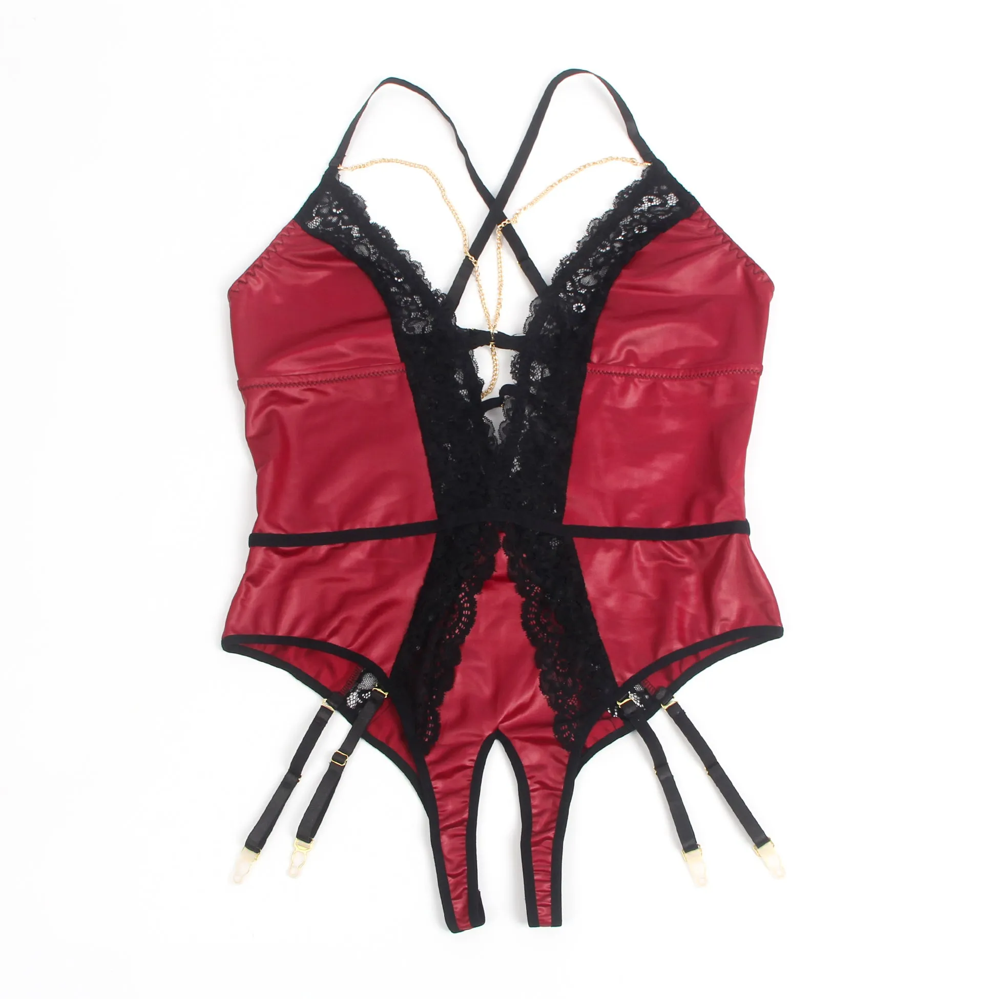 Burgundy Faux Leather Deep V Neck Halter Sexy Egypt Teddy