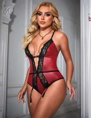 Burgundy Faux Leather Deep V Neck Halter Sexy Egypt Teddy