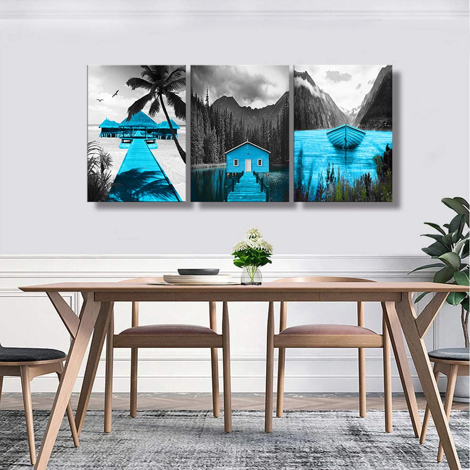 Canvas Wall Art Landscape Lake Painting Black and White Background Pictures Wall Art Blue Artwork for Bedroom Living Room Decor 3 Pieces