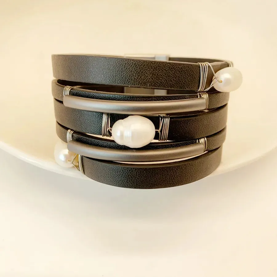 Casual Retro Geometric Pu Leather Freshwater Pearl Wholesale wristband