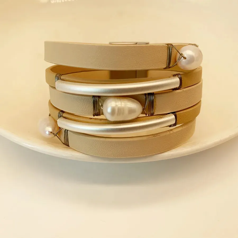 Casual Retro Geometric Pu Leather Freshwater Pearl Wholesale wristband
