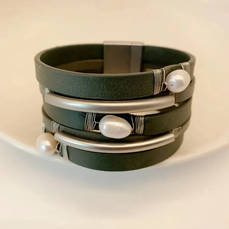 Casual Retro Geometric Pu Leather Freshwater Pearl Wholesale wristband