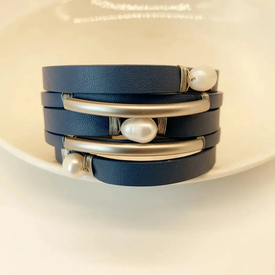Casual Retro Geometric Pu Leather Freshwater Pearl Wholesale wristband