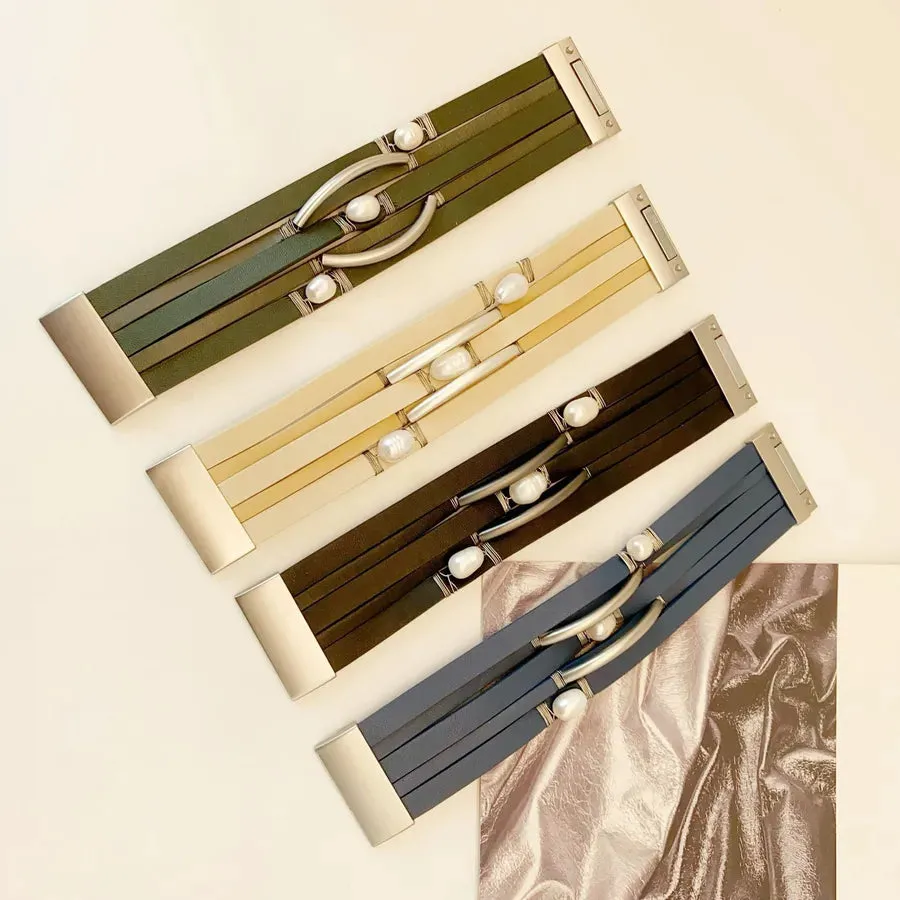 Casual Retro Geometric Pu Leather Freshwater Pearl Wholesale wristband
