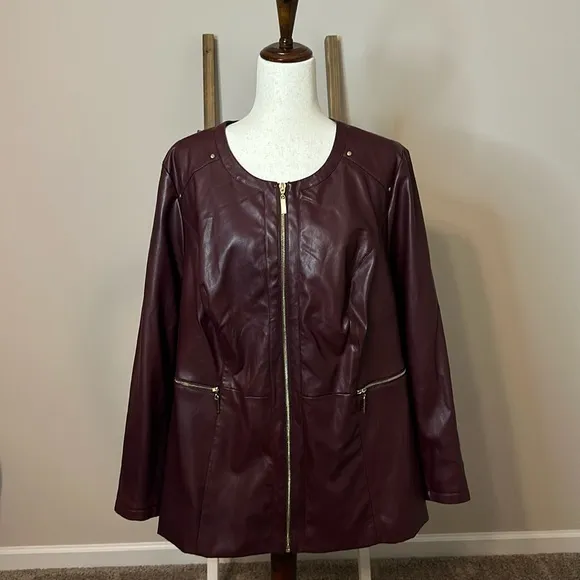 Catherines Black Label Faux Leather Jacket with Gold Details Size 1X (18/20W)