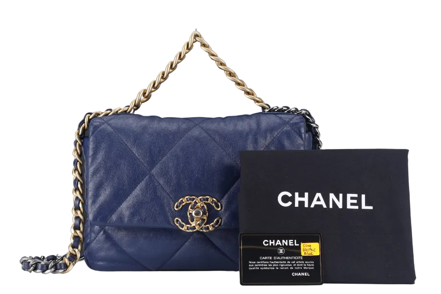 CHANEL C19 (2943xxxx) SMALL ELECTRIC BLUE CLAFSKIN MIX HARDWARE WITH DUST COVER, CARD AND BOX