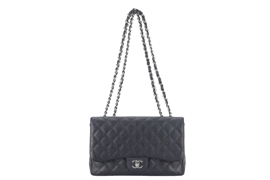 CHANEL CLASSIC FLAP JUMBO (1357xxxx) BLACK CAVIAR LEATHER SILVER HARDWARE WITH DUST COVER AND CARD